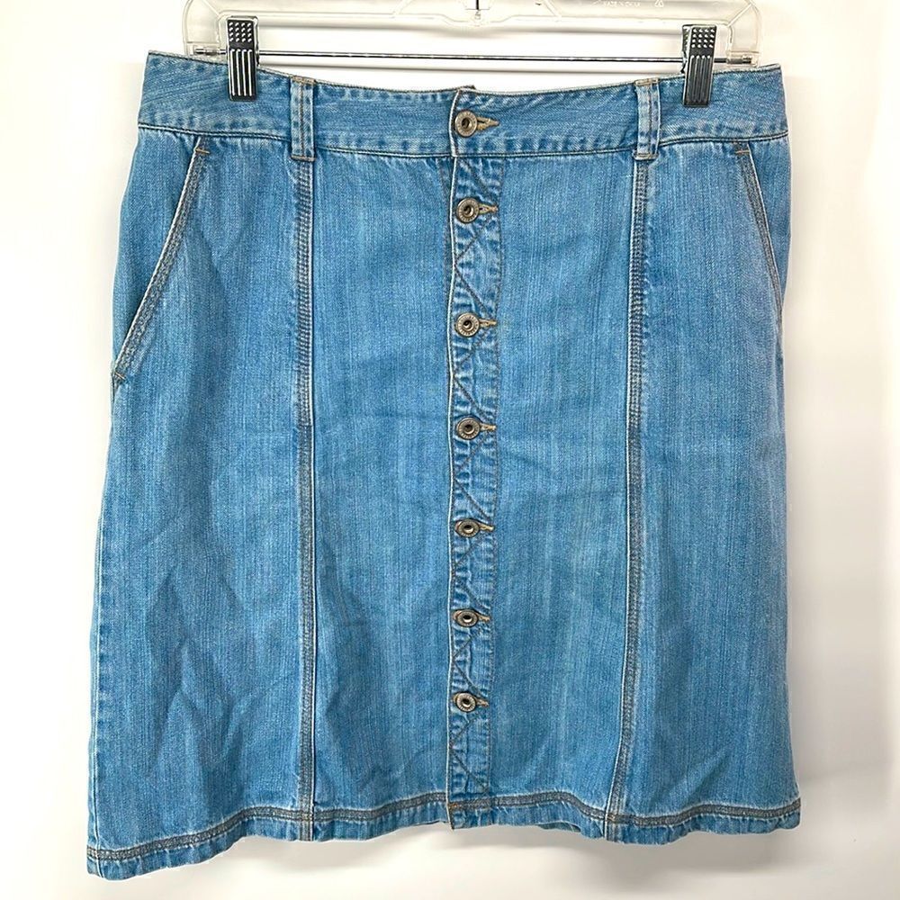 Eddie Bauer denim midi skirt front button 100% cotton EUC 8 jean jeans a-line
